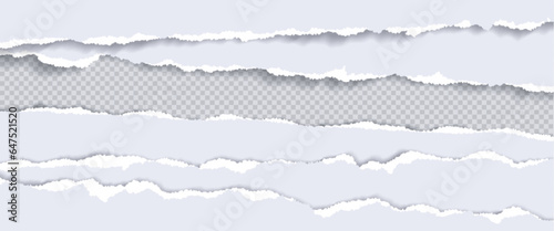 Uneven edges of torn paper pages on transparent background. Vector realistic illustration of ripped white sheet border, pieces of used notebook, waste material for recycling, tattered document