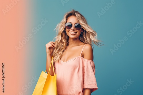 Happy woman enjoying shopping carry many packs shopper, Woman with shopping bags and smiling. ai generative