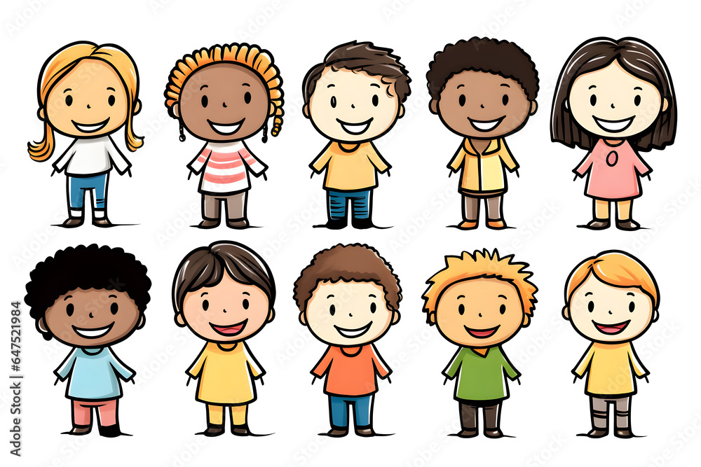 set of cute young people in simple, basic, minimalistic style, stick figure on isolated background, png, generated ai