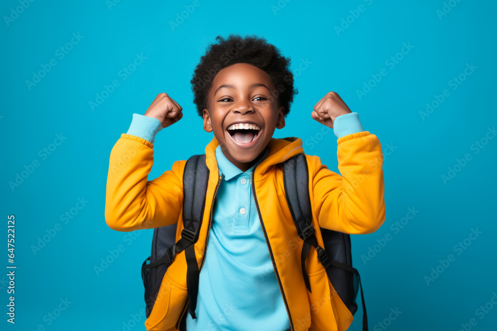 happy winner African American school boy on blue background celebrates ...