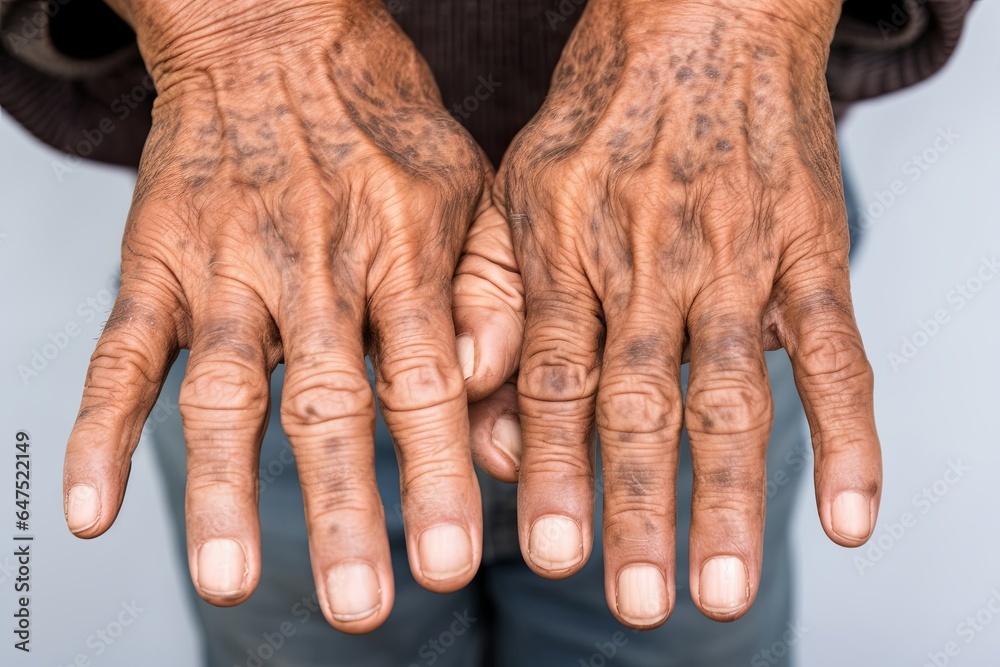 Age spots on hands of Asian elder man. They are brown, gray, or black spots and also called liver spots, senile lentigo, solar lentigines, or sun, Generative AI - obrazy, fototapety, plakaty 