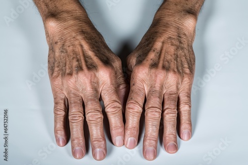 Age spots on hands of Asian elder man. They are brown, gray, or black spots and also called liver spots, senile lentigo, solar lentigines, or sun, Generative AI