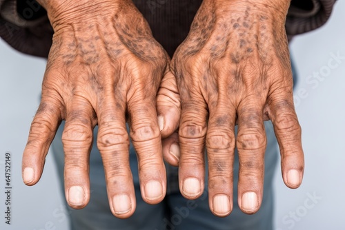 Age spots on hands of Asian elder man. They are brown, gray, or black spots and also called liver spots, senile lentigo, solar lentigines, or sun, Generative AI