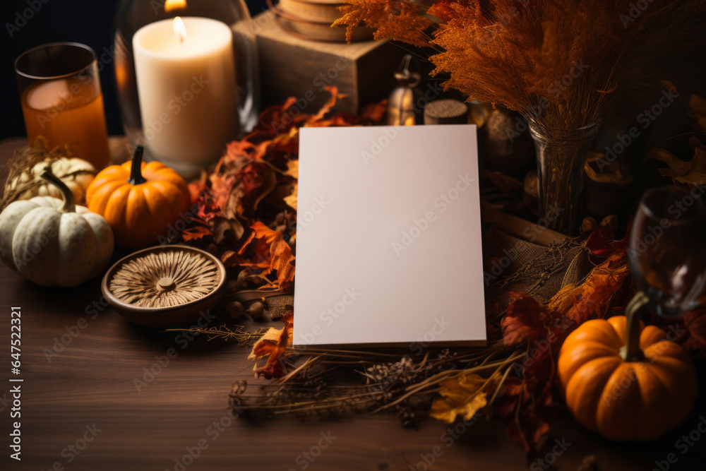 A white card mockup 5x7 inches for invite to Halloween Holiday Festival and boho Thanksgiving dinner in Autumn season with pumpkin and candle ornament on wooden table - obrazy, fototapety, plakaty 