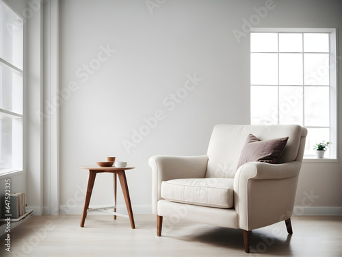 new modern living room indoor area, new modern chair, a very small bookholder table, and an indoor plant with an isolated white wall  photo