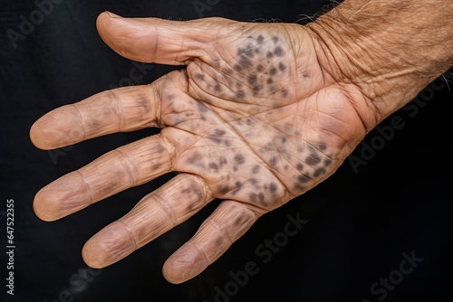 Age spots on hands. They are brown  gray  or black spots and also called liver spots  senile lentigo  solar lentigines  or sun spots  Generative AI