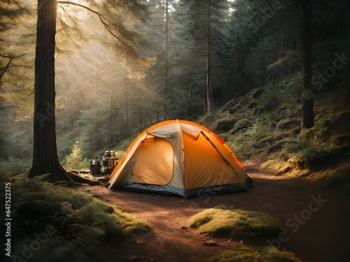 camping tarp tent in the mountains, morning time