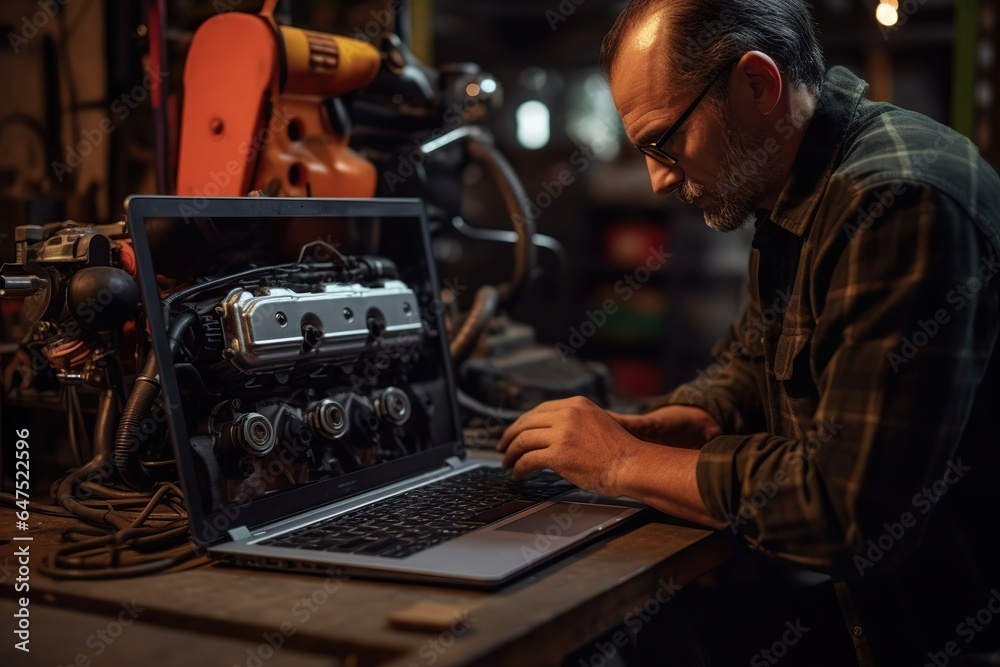 Auto mechanic using laptop while working on car diagnostic in garage, Modern car diagnostic program. Professional mechanic repairs truck engine. Repair service. ai generative Auto mechanic using laptop while working on car diagnostic in garage, Modern car diagnostic program. Professional mechanic repairs truck engine. Repair service. ai generative
