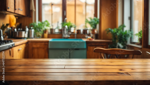 The natural wooden empty table in the kitchen, product display, natural wooden color, and depth of fled. indoor plants and other kitchen items.