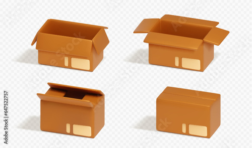 3d empty cardboard parcel for delivery vector icon. Realistic open brown carton package set. Closed shipping cargo to send. Isometric deliver product container with export label mockup illustration