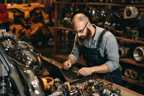 Auto mechanic using laptop while working on car diagnostic in garage, Modern car diagnostic program. Professional mechanic repairs truck engine. Repair service. ai generative