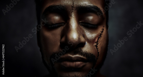 Portrait of a Swollen Male Boxer Face · Healing after Fighting · Deep & Dark background · Results of Anger
