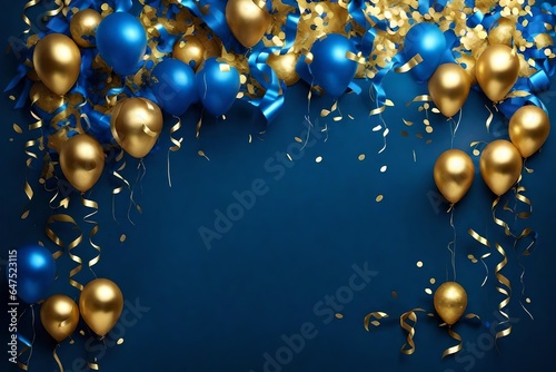 New Year's Eve card with an opulent display of golden and blue metallic balloons .