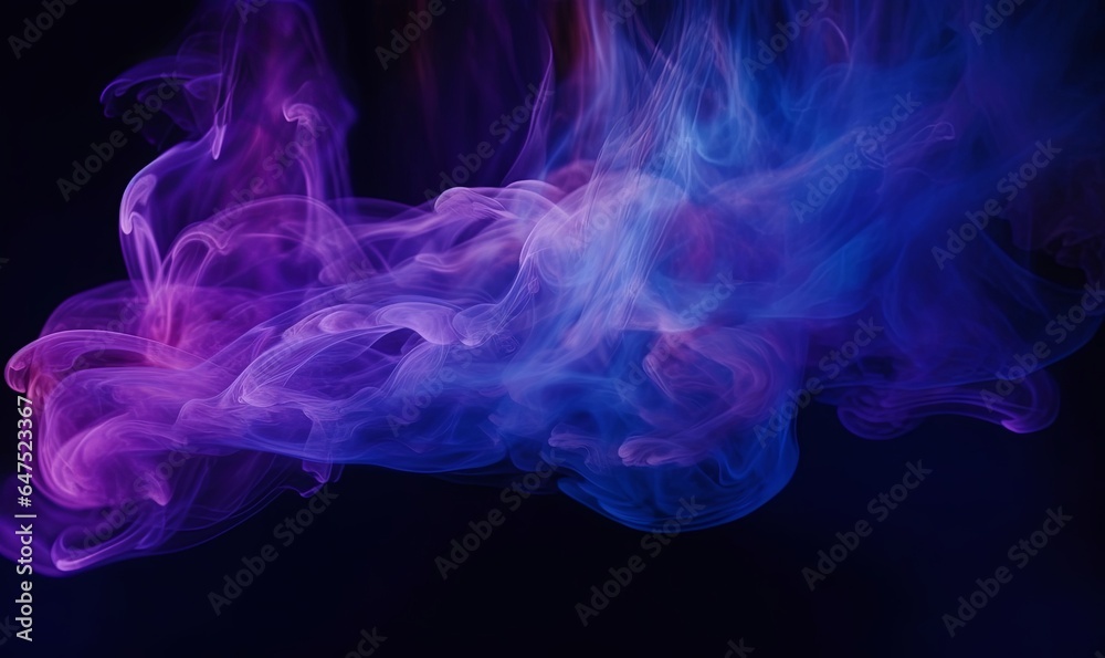 Color mist. Ink water. Haze floating. Magic spell explosion. Blue purple glowing smoke cloud wave on dark black abstract art background, Generative AI