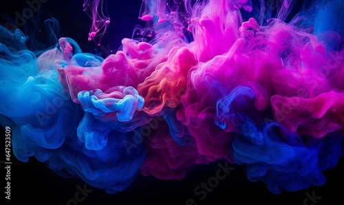 Color explosion. Fluorescent background. Paint in water. Vibrant smoke cloud texture. Glowing neon blue magenta pink steam splash on dark, Generative AI photo