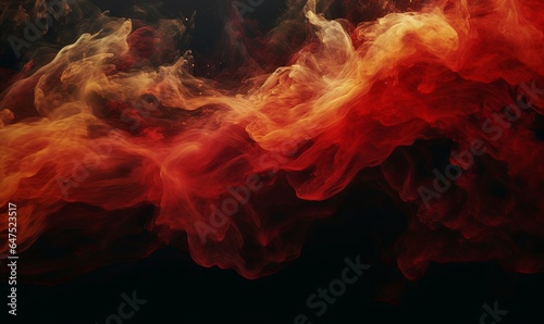 Paint water. Color smoke. Underwater explosion. Red golden glowing glitter fluid splash vapor cloud on dark black abstract art background, Generative AI