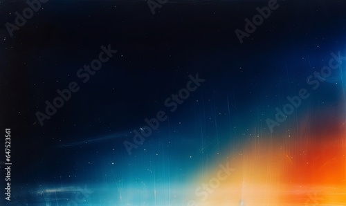 Dust scratch overlay. Light flare. Old film texture. Orange blue white rainbow color glow defect dirt stains on dark abstract empty space background, Generative AI