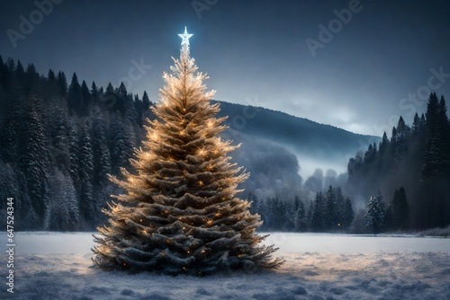A lite Christmas Tree in a field with a river and forest in the backgroun