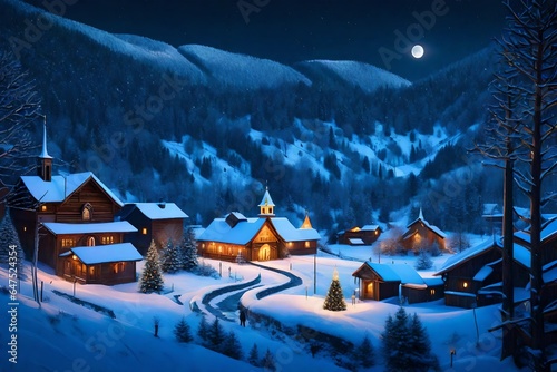 Digital painting of a silent Christmas night in the mountains. Down in the valley there is a small town with a church between the trees.