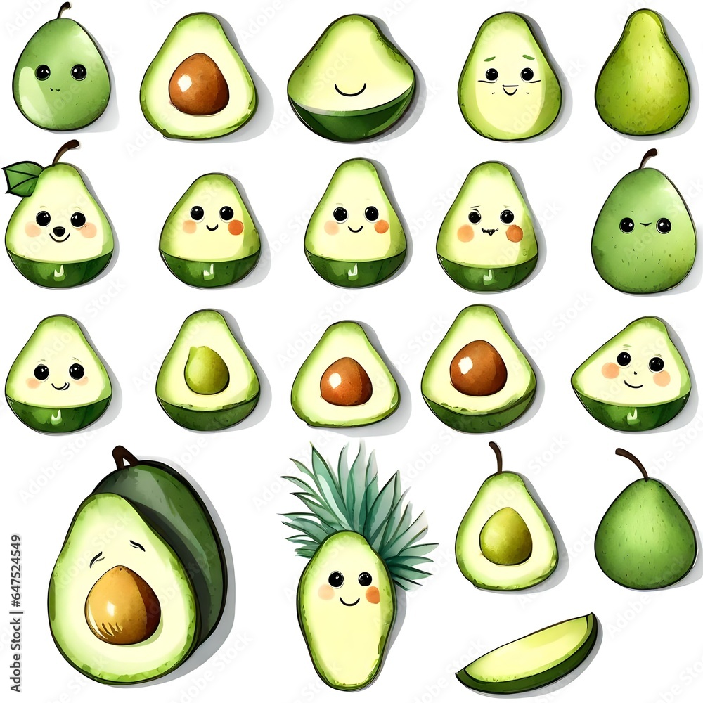 Cute watercolor illustration of a bunch of isolated avocados. Cute watercolor illustration of a bunch of isolated avocados.