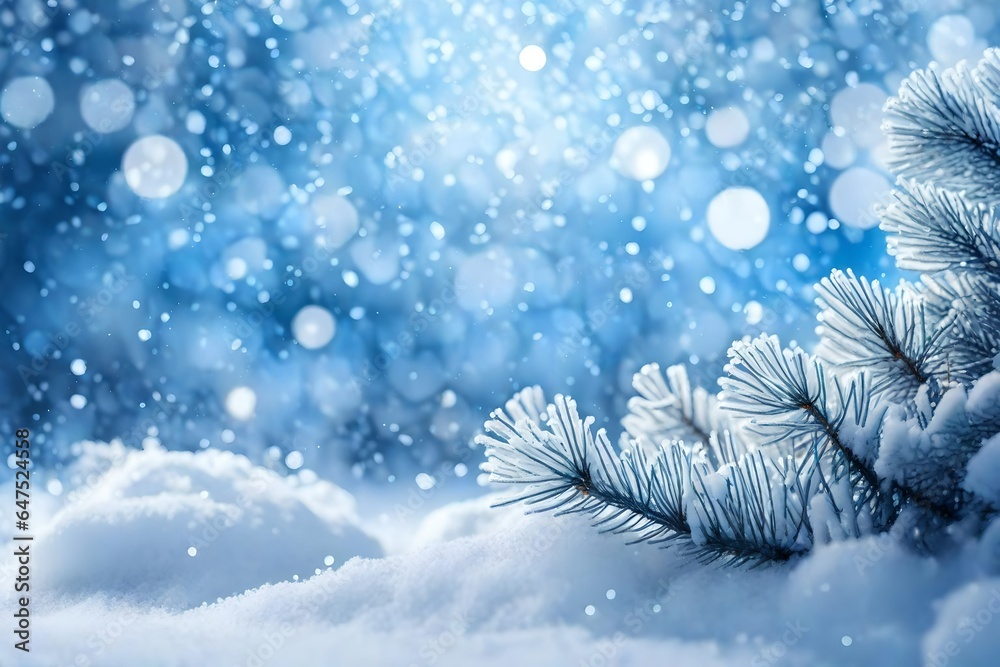 Winter / snow Christmas background banner panorama - Snowy frozen fir branches and bokeh lights with blue snowy snowfall sky.