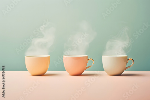 Three cups of coffee or tea with smoke or steam, on isolated pastel beige and green background. Minimal hot beverages concept. Morning break idea.