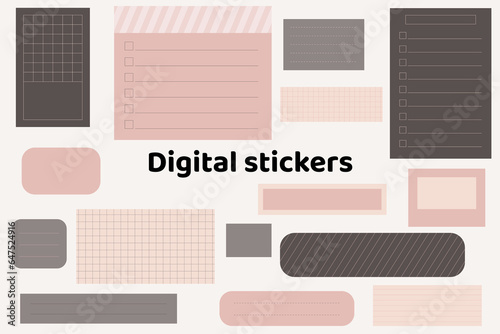 Digital stickers blank Blank trendy digital stickers. Digital note papers and stickers for bullet journaling or planning. Digital planner stickers. Vector art.