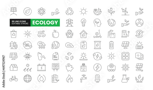 Set of 66 Ecology line icons set. Ecology outline icons with editable stroke collection. Includes ESG, Recycle, Wind Turbine, Solar Energy, Net Zero, and More.