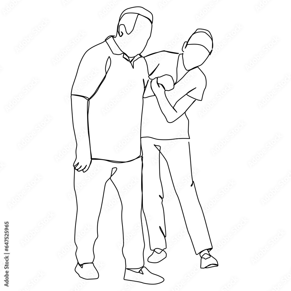 A young nurse stands and supports an elderly person while walking, doing physical therapy, one line art, free hand drawing, vector illustration. A young nurse stands and supports an elderly person while walking, doing physical therapy, one line art, free hand drawing, vector illustration.