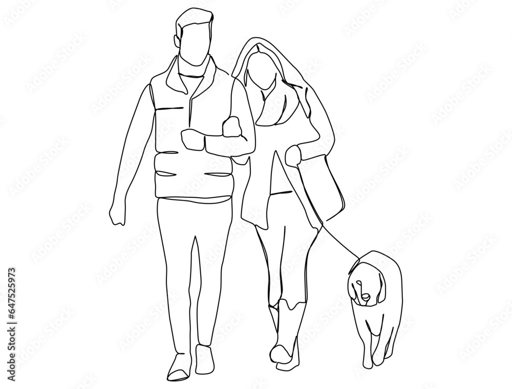 A couple walks arm in arm and leads a fun walk. love between couples Day of love Giving love, one line art, free hand drawn vector illustration.