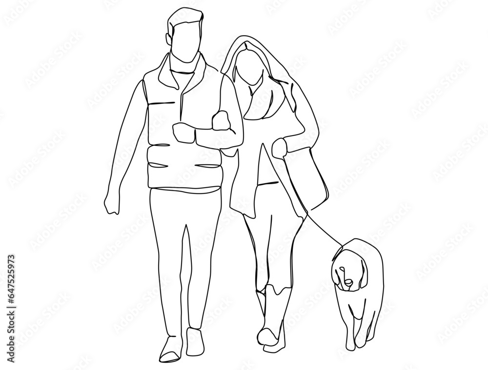 A couple walks arm in arm and leads a fun walk. love between couples Day of love Giving love, one line art, free hand drawn vector illustration. A couple walks arm in arm and leads a fun walk. love between couples Day of love Giving love, one line art, free hand drawn vector illustration.