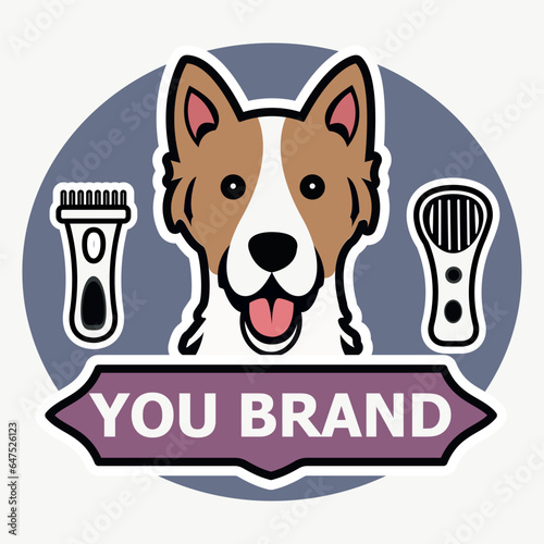 dog head with grooming tools for logo, icon, illustration, branding, web design, social networks, postcard, poster, business card, invitation