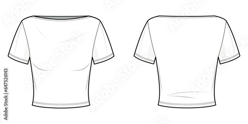 Fitted white boatneck tee shirt flat technical fashion illustration. Boatneck tee fashion flat technical drawing template, front view, back view, white color, women, CAD mockup set.