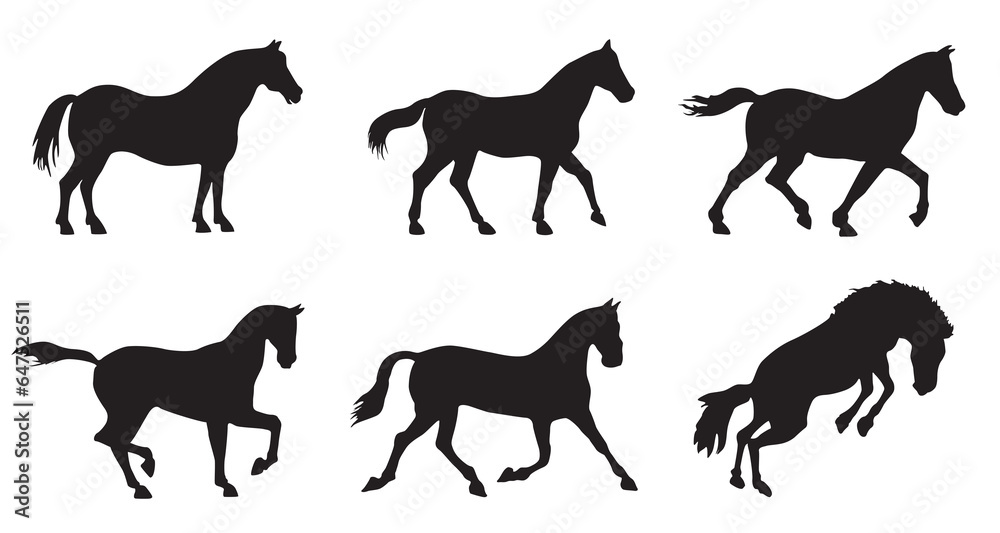 A set of silhouette horses in various acting isolated on a white background