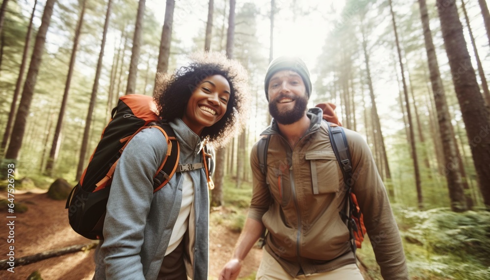 Young couple hiking through a forest smiling, diverse couple walking