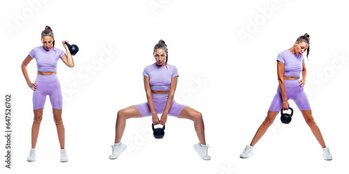A beautiful slender woman in purple sportswear in different poses does exercises with a kettlebell. Sports, activity and energy. Isolated on a white background. Collage, set. Panorama format.