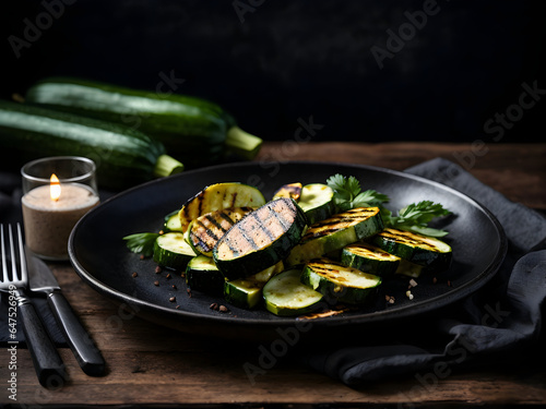 Grilled zucchini slices in a black plate on dark wooden background.   photo