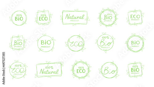 Inscription 100% ECO and BIO product in round, square and rectangular frames with leaves. Green hand drawn element isolated on a white background. Vector set for farm market. ECO, Bio products concept