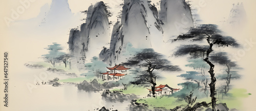 asian painting of pagoda and mountains on the right