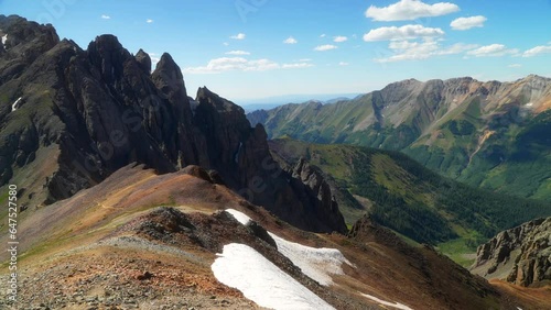 Southern Colorado summer snowy dreamy Rocky Mountains San Juan top of peaks Ice Lake Basin Trail toward  Silverton Telluride Ouray Red Mountain Molas Pass top of the world slow pan still movement photo