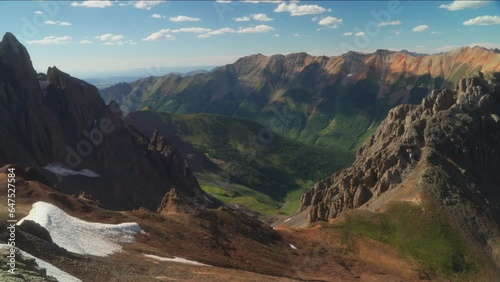 Top of the world cinematic summer Rocky Mountain snowy peaks Southern Colorado view Ice Lake Basin Trail alpine upper Island San Juans beautiful stunning day Telluride Silverton Molas Pass left motion photo