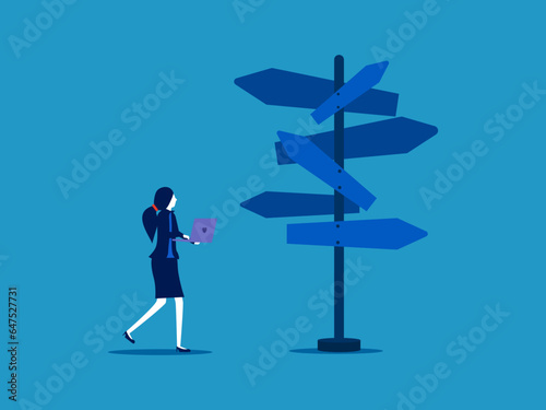 Direction of work. Businesswoman looking at road signs in many directions. vector