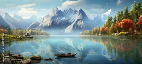 Spectacular mountain range and tranquil lake scene with rowboats. Idyllic summer travel destination with stunning scenery. Concept of serene vacation.