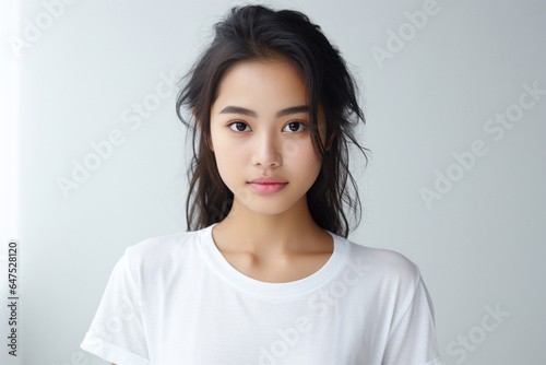 Portrait of a smiling Asian woman wearing a t-shirt with standing and looking at the camera. Face of healthy woman, Lifestyle portrait photography.