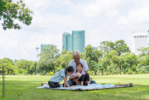 Grandmother and grandchildren enjoy picnic in countryside. Happy grandfather and granddaughter playing together. © jittawit.21