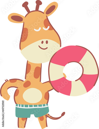 Giraffe and swim tube . Cute cartoon characters . Hand drawn style . PNG . Summer concept .