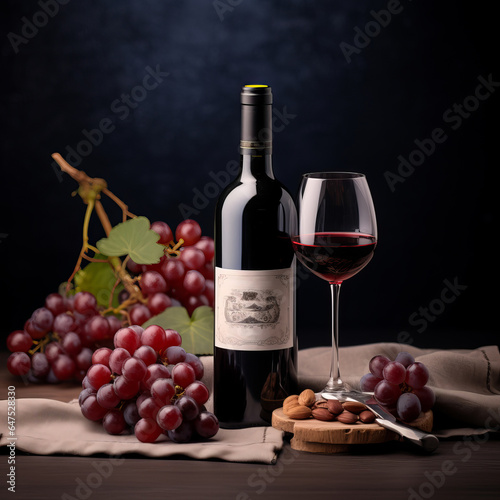 red wine bottle and glass. Wine bottle and fruits on a dark background