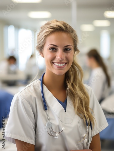 young beautiful nurse with a stethoscope around her neck and stands in the corridor of the hospital. Medicine concept