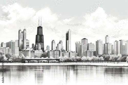 Urban architecture: intricate ink depiction of cityscape with famous Chicago skyline panorama.