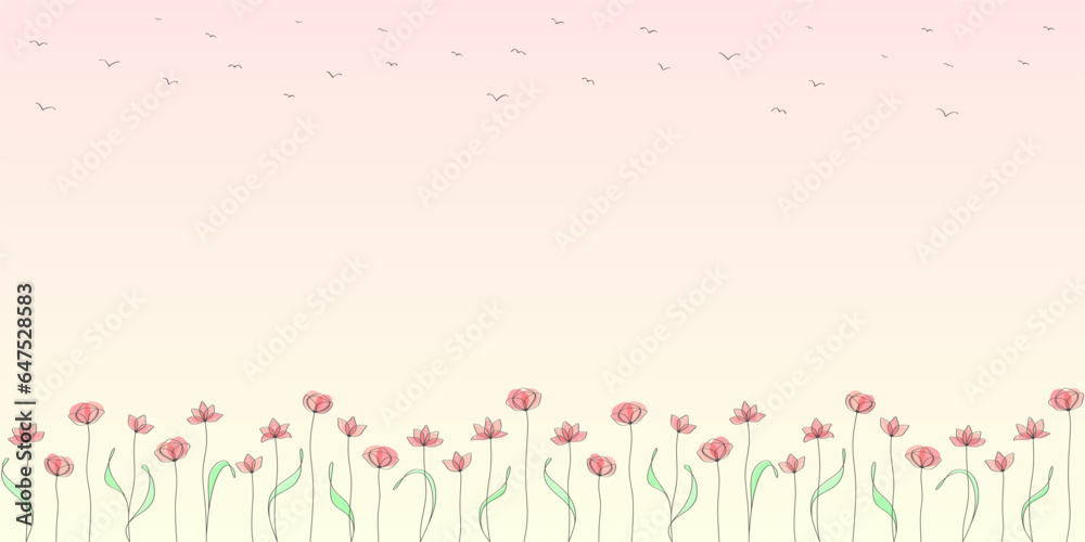 Border of abstract linear flowers with leaves and flying birds on a soft pink background. Exquisite spring flowers. Floral minimalistic design. Vector background with place for text for greeting card